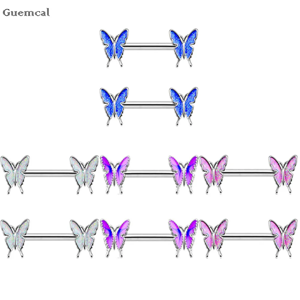 

Guemcal 2pcs Korean Style Small Fresh Butterfly Symmetrical Stainless Steel Straight Rod Breast Ring Piercing Jewelry