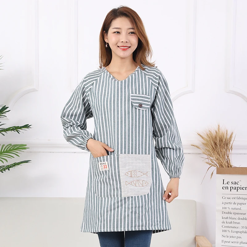 

Kitchen long-sleeved apron waterproof and oil-proof Korean fashion gown adult cotton and linen custom double layer