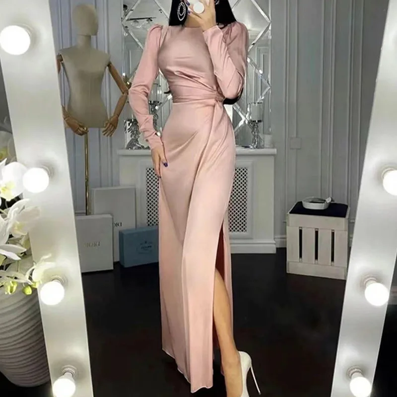 

Women Elegant Dress 2022 Office Sundress Casual Pleated Solid Color Crew Neck Dress Spring Long Sleeve High Waist Party Dress