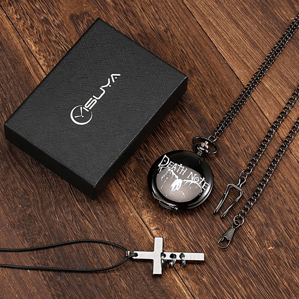 Classic Black Pocket Watch Set Boys Quartz Clock Pendant Exquisite Men's Necklace Accessories Birthday Gift Box for Boyfriend