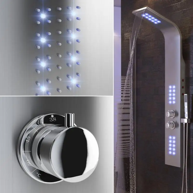 Goedkoop Geborsteld Badkamer Kraan Led Douche Panel Kolom Bad Mengkraan Met Temperatuurregeling Handvat Douche Temperatuur Screen Hwc