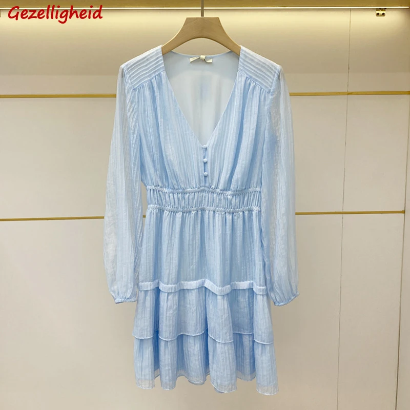 

Gezelligheid 2021 Spring Summer New Fashion Elegant Designer Women Luxury Runway V-Neck Slim Light Blue Sexy Cupcake Mini Dress