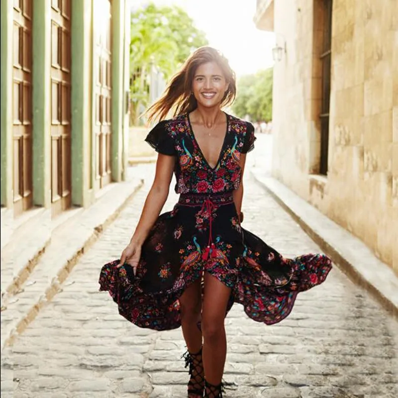 Богемные женские платья с коротким рукавом и глубоким вырезом Sukienki Rose цветочным