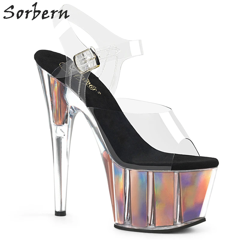 

Sorbern Holographic Fillings Perspex Heels Sandals Women Ankle Strap Exotic Dancer High Heel 15Cm/17Cm/20Cm Summer Shoe Custom