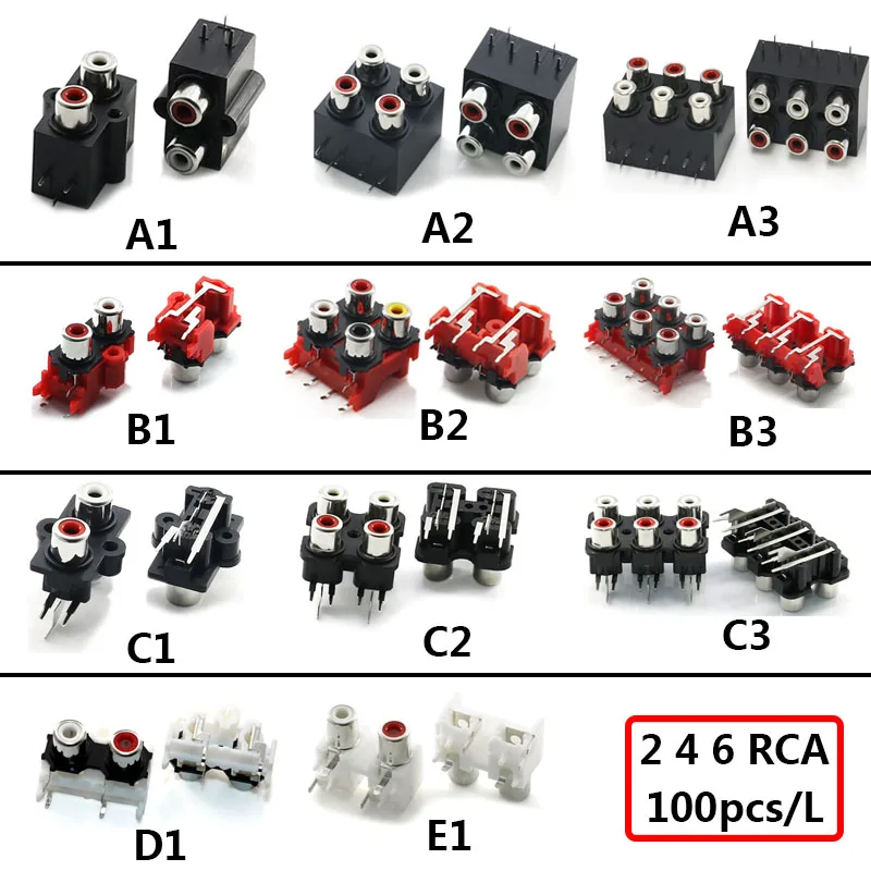 100 шт. высокое качество 2 цвета (красный + белый) RCA гнездовой разъем 4 6 отверстий
