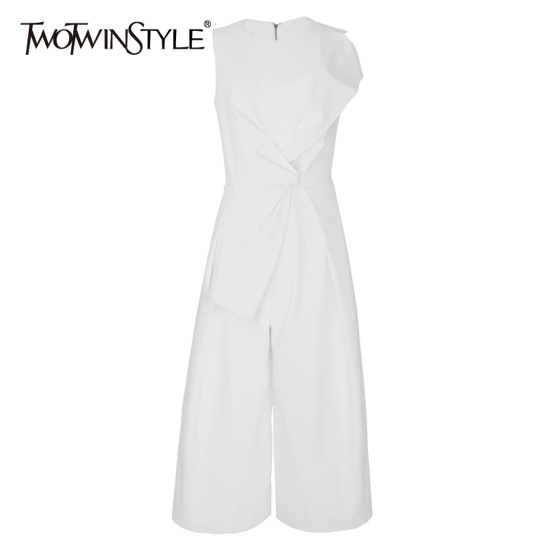 

TWOTWINSTYLE Sleeveless White Jumpsuits Women Autumn Casual Wide Leg Jumpsuits High Waist Calf Length Trouser Famale Clothes New