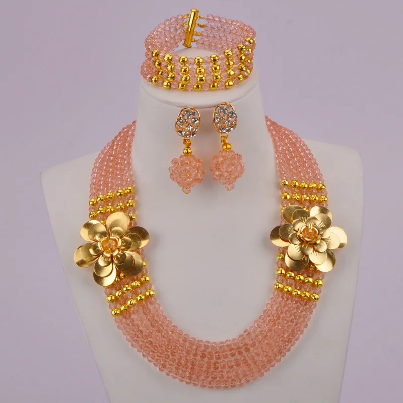 

Персиковые нигерийские бусы, Африканский комплект ювелирных изделий, хрустальные ожерелья, наборы свадебных ювелирных изделий