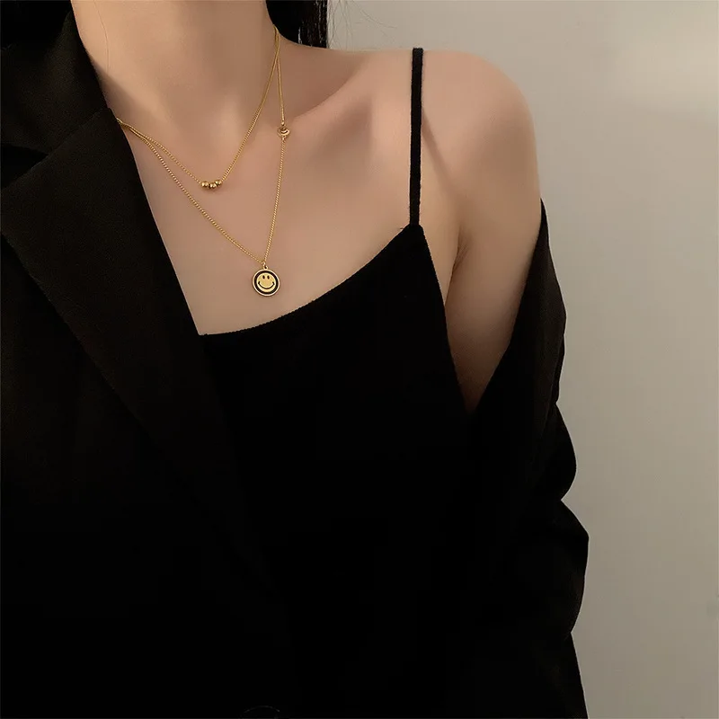 

POTCET Korean 2021 Fashion Trend New Temperament Women's Titanium Steel Smiley Face Necklace Pendant Retro Jewelry Free Shipping