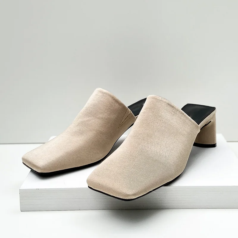 

2020 Women Silk Square Toe Thick Heel Mules High Heel Slippers Woman Sandals Outdoor Slides Half-dragging Ladies Shoes