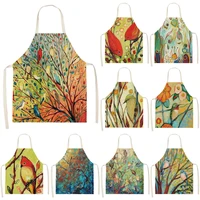 1pcs color forest bird pattern cleaning art aprons home cooking kitchen apron cook wear cotton linen adult bibs 5365cm wq0147