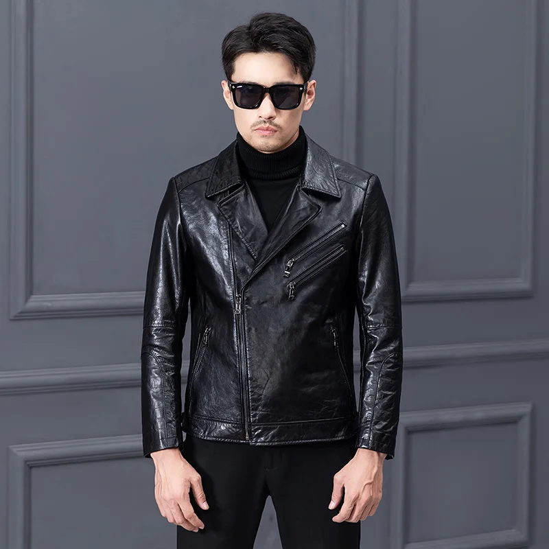 

Genuine men's leather jacket, short leather jacket with short cowhide lapel with zipper and casual asymmetry for autumn and high