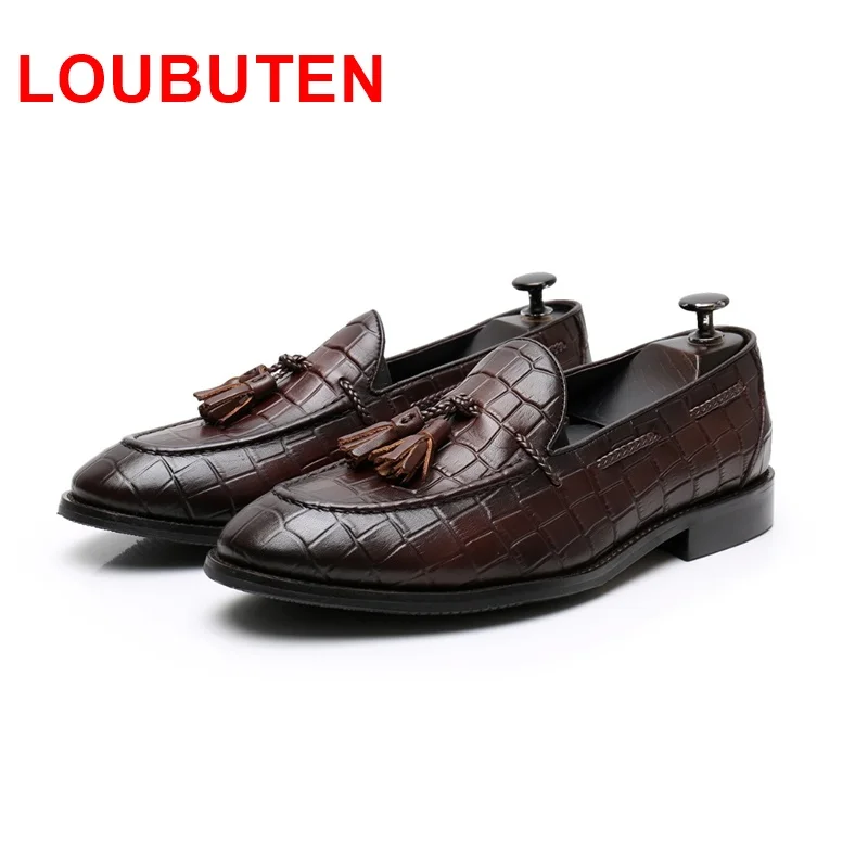

LOUBUTEN новые модные коричневые слипоны с бахромой мужские кожаные лоферы ручной работы мужские туфли повседневные на плоской подошве мужски...