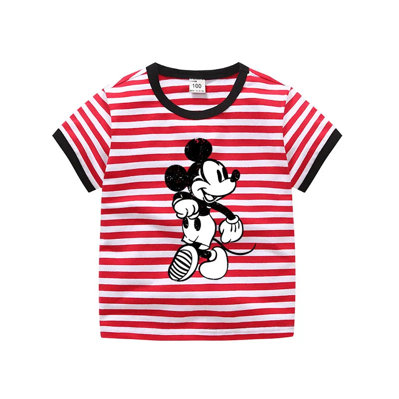 

Disney, Детская футболка с коротким рукавом Футболка хлопчатобумажная футболка с Микки-Маусом рисунок в полоску, для мальчиков и топы для дево...