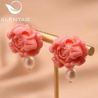 xlentag aesthetics fresh water pearl red coral flower drop earrings for girls lovers engagement womens cute jewelry ge0412