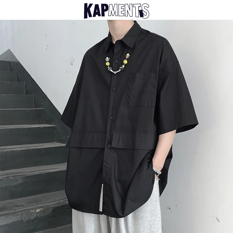 

KAPMENTS Men Harajuku Japanese Streetwear Button Up Shirt 2022 Summer Mens Vintage Korean Fashion Shirts Male Cotton Blouses 2XL