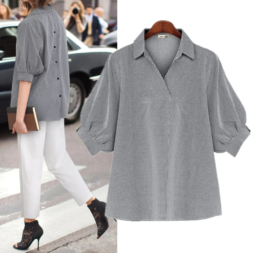 

Trytree Summer Blouse Women Casual Turn-down Collar Back Single Breasted Puff Sleeve Plaid Office Lady Shirts Tops For Women