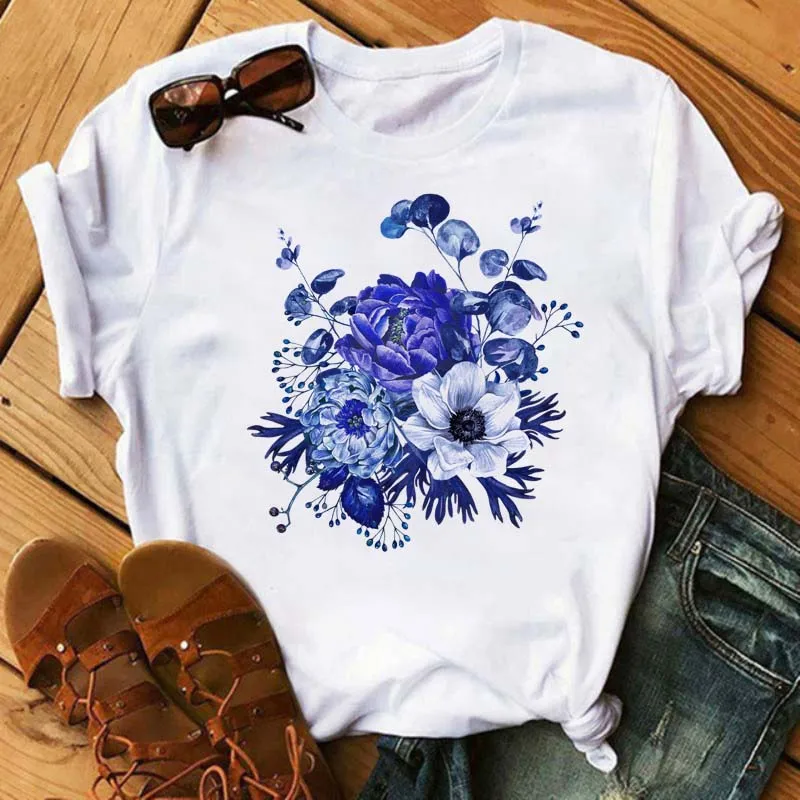 

Women Graphic Blue Flower Printing Cute Summer 90s Style Casual Fashion Aesthetic Floral Print Female Clothes Tops Tees Tshirts