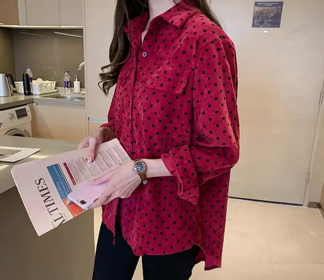 

Women Blouses 2021 Spring Autumn New Women Retro Red Polka Dot Shirt Women Loose Large Size Long Sleeve Basic Tops