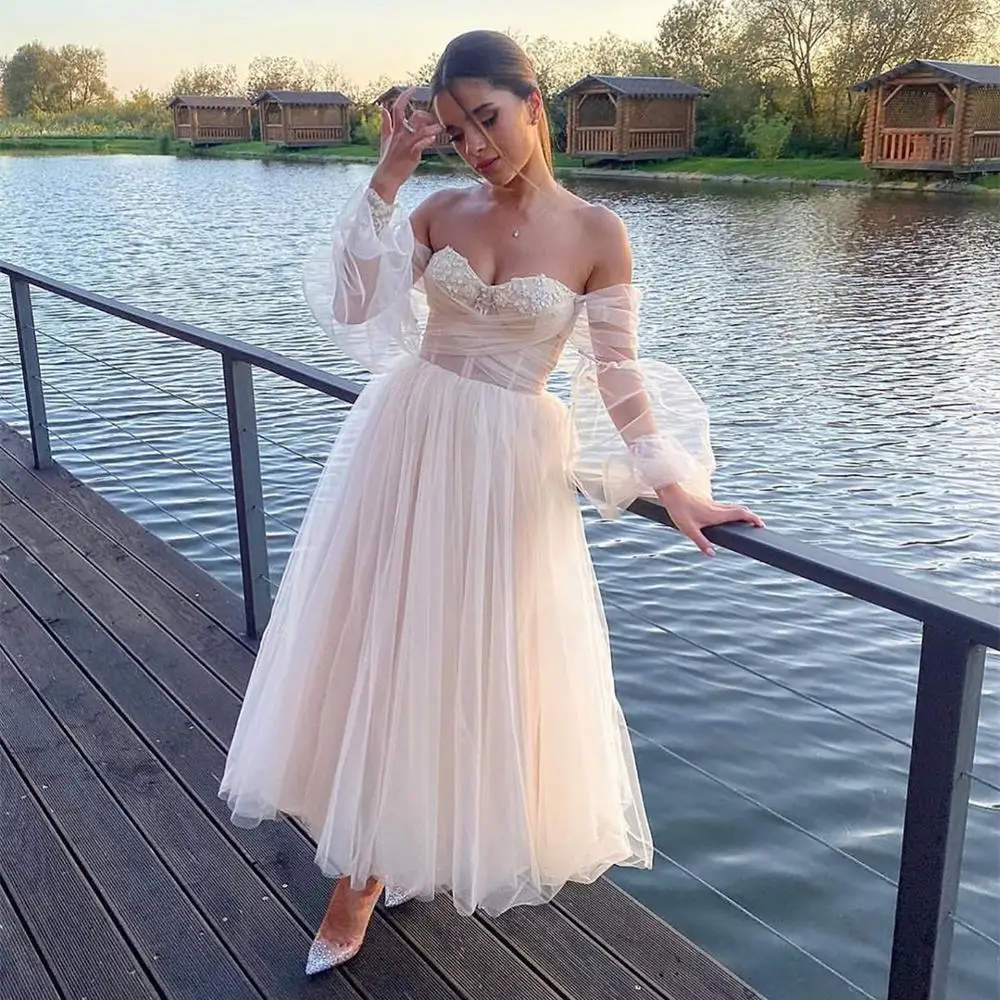 

Wedding Dress Short Ankle Tea Length Champagne Tulle Boho Puff Sleeve A-Line Bridal Wedding Gown Sweetheart Off Shoulder Elegant