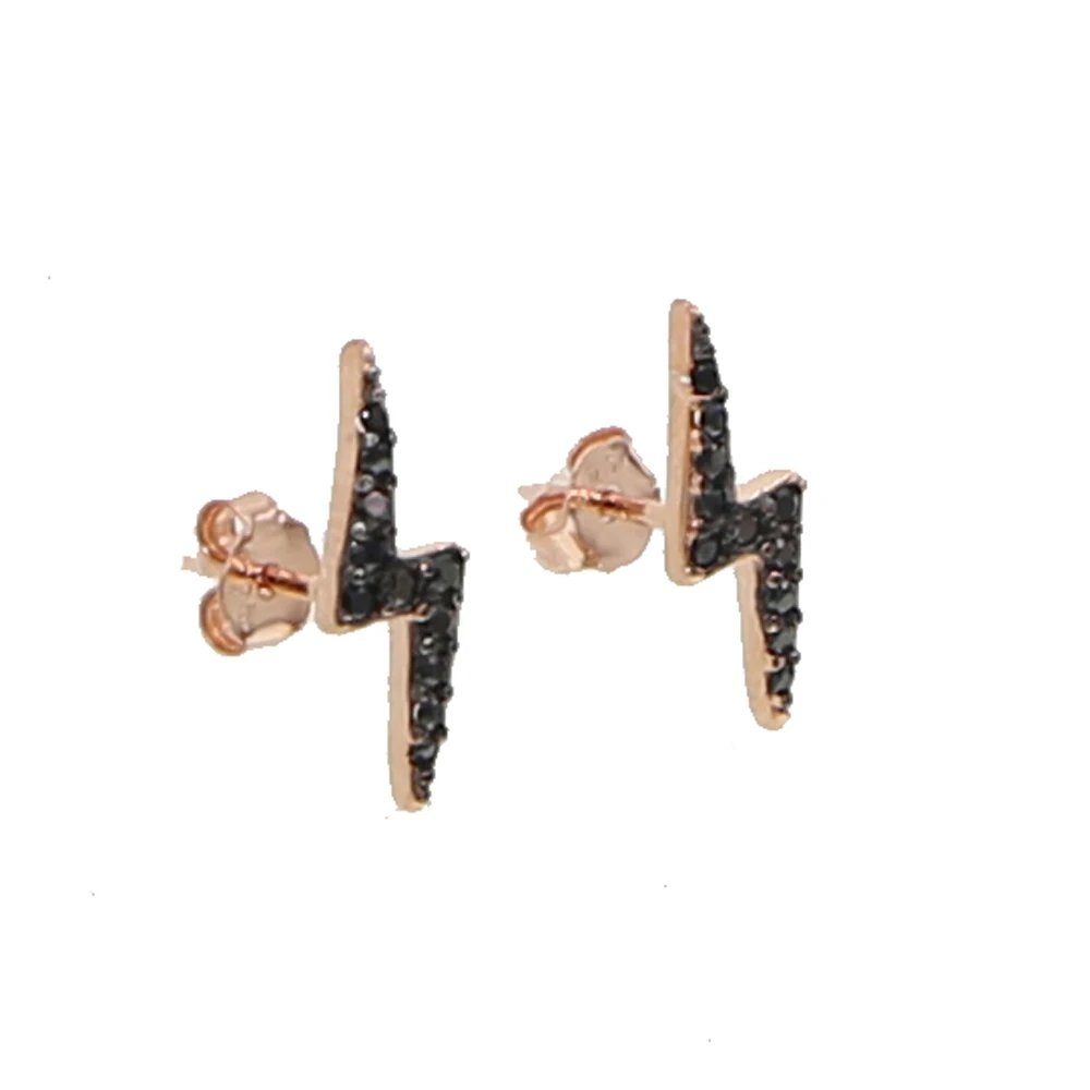 100% 925 Sterling Silver Jewelry Fashion Cute Tiny Rose Gold Color Lightning Stud Earrings with Black Cz for Girls Kids Lady | Украшения и