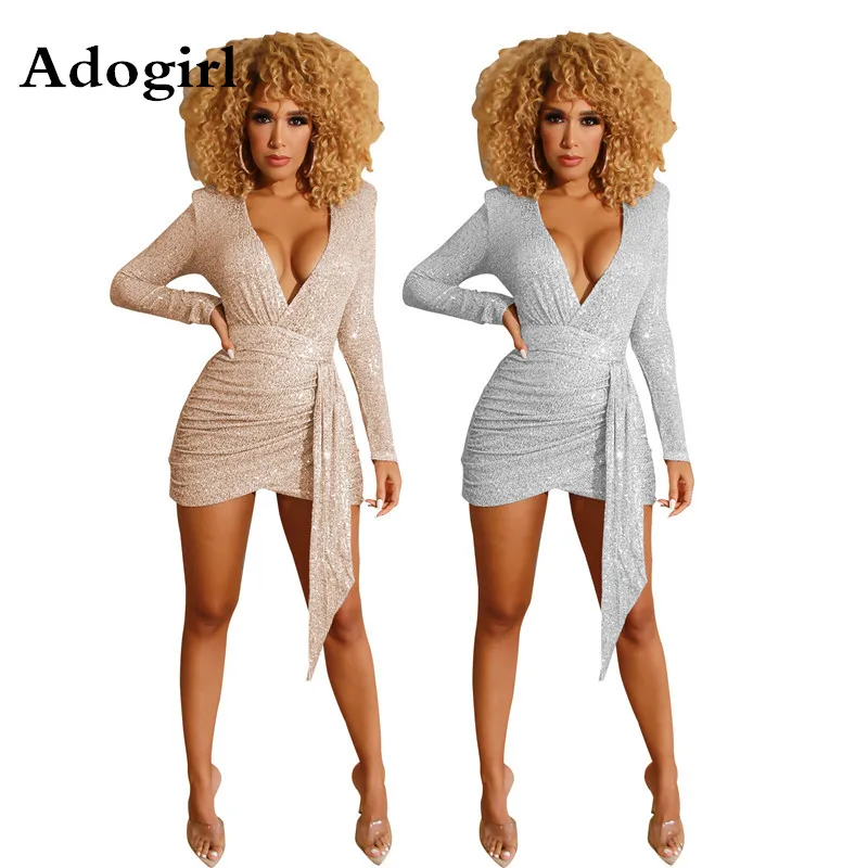 Женское мини платье с золотыми блестками туника длинным рукавом и асимметричным