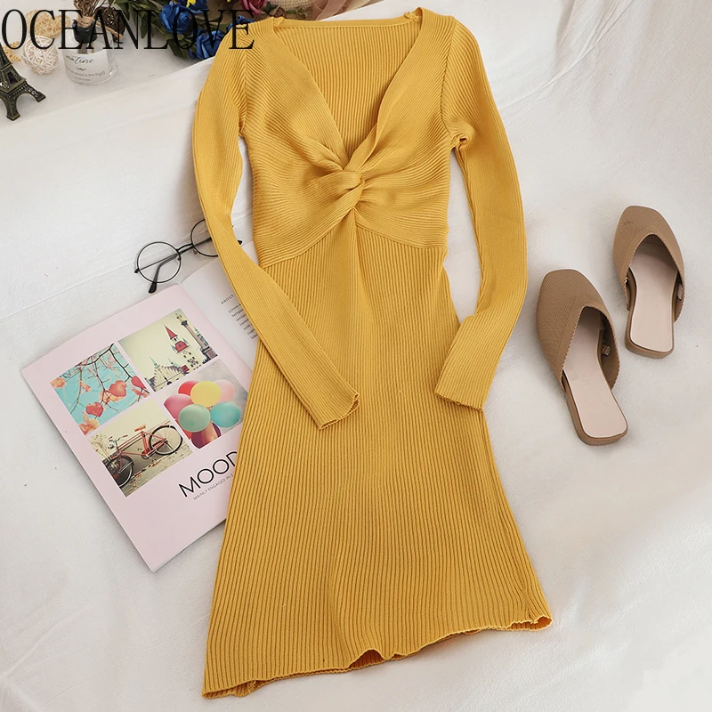 Вязанное однотонное платье свитер с v образным вырезом плиссированное 2020 Vestidos