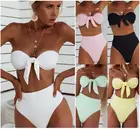 2021 Для женщин сексуальный Одноцветный Бикини бандо без бретелек купальный костюм, ванный комплект, купальный, с подкладкой, пуш-ап, купальный костюм бикини набор белого, зеленого, розового, черного цвета