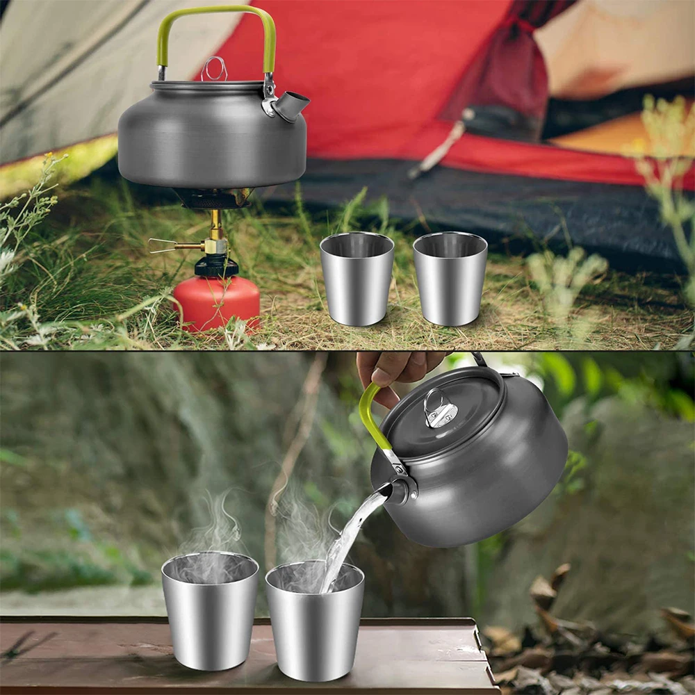 

Camping Cookware Kit 1.2L Camping Kettle Set 2 Cups Coffee Maker Suit Outdoor Travelling Hiking Picnic BBQ Tableware Equipment