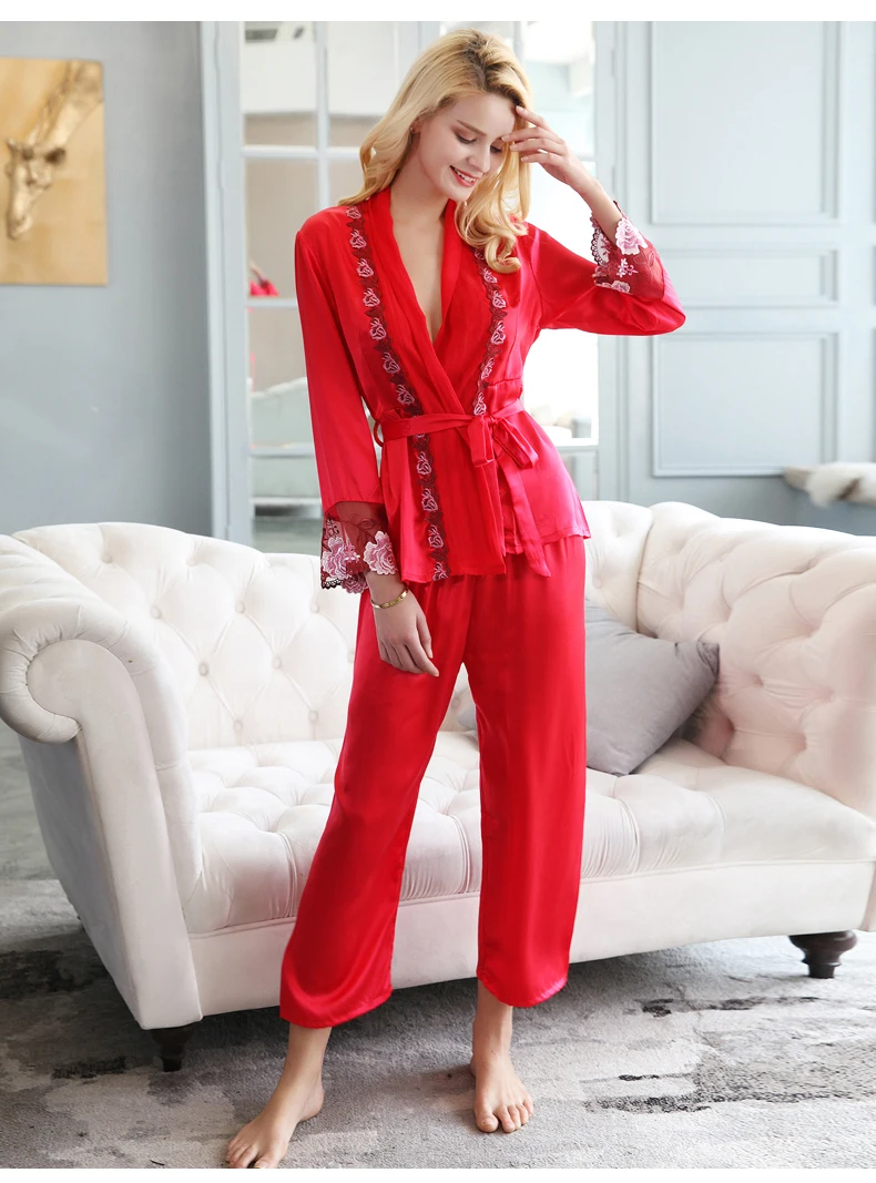 100% Real Silk 2 pcs Pyjamas Luxury Pajamas Women Sexy Lace Kimono Robe & Pants Mulberry Silk homewear Sleepwear Pijama Mujer