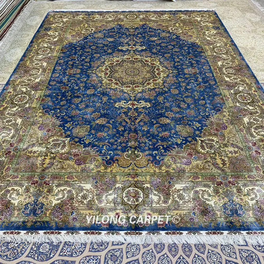 Yilong 10'x14 'ручной работы Турция Hereke ковры медальон синий персидский шелковые ковры(ZQG369A