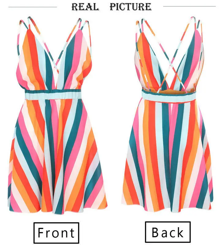 

Trendy Women dress sleeveless Boho Deep V-Neck Party backless Polyester Summer Beach Mini Dresses one pieces
