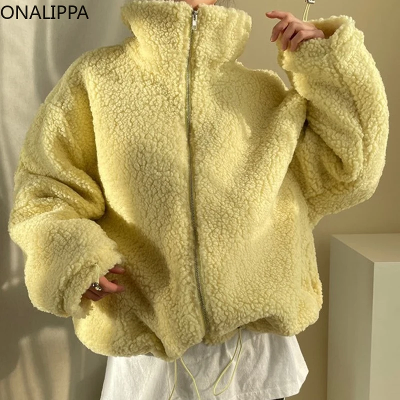 

Женская куртка Onalippa сезона зима 2021, мягкое свободное теплое короткое пальто из имитации овечьей шерсти с лацканами и завязками на молнии