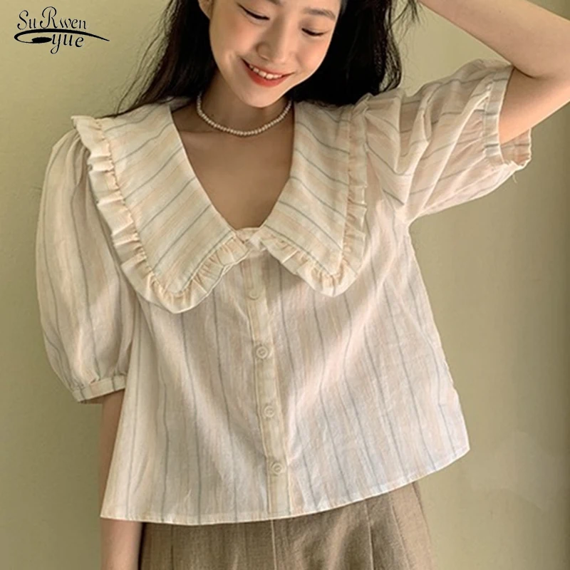 

Женские блузки в полоску, летние, шикарные, свободные, с пышными рукавами, с оборками, на пуговицах, 2021, 15242