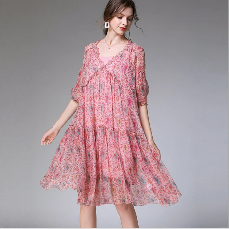 

Ladies Beach Bohemian Loose Dresses 2020 Chiffon Plus Size Summer Casual Woman Oversized Pink Floral Print Elegant Dress 4XL
