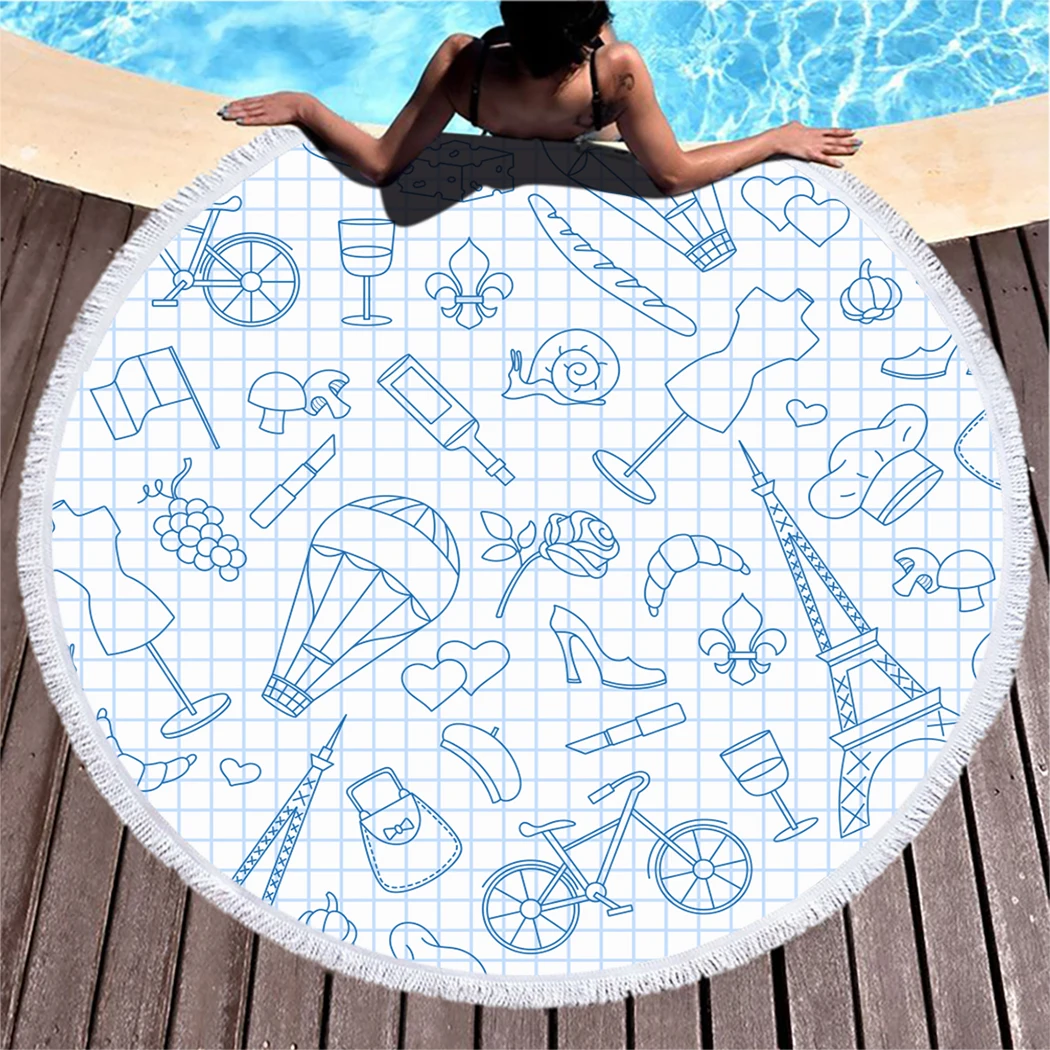 

Travel Contour Icons Round Beach Towel Party Perfume Microfiber Beach Towel With Tassel Simple Symbol Compressed Bath Towel