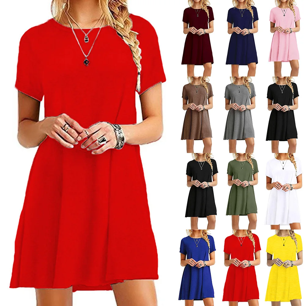 

Women Summer Short Sleeve Mini Dress Casual Loose Solid Color Basic Swing Loose Sundress Vestidos