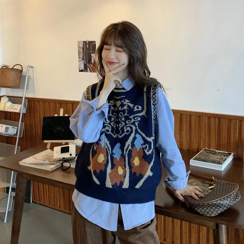 

Oil Painting Knit Sweater Vest French Style O-necked Sleeveless Jumper 2021 New Pullover Cartoon Spring Fall Femme Cloth P288