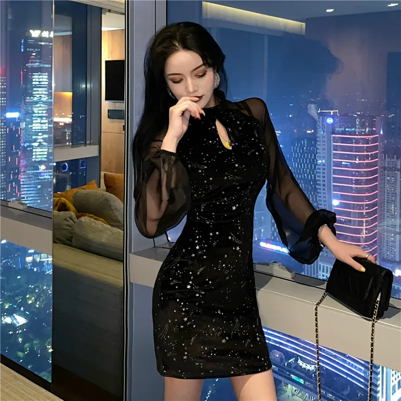 Шифоновое вечернее платье-Ципао с рукавами-фонариками | Женская одежда