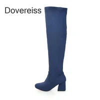 winter woman new fashion sexy pure color blue gray round ttoe consice shoes zipper chunky heels knee high boots 40 41 42 43