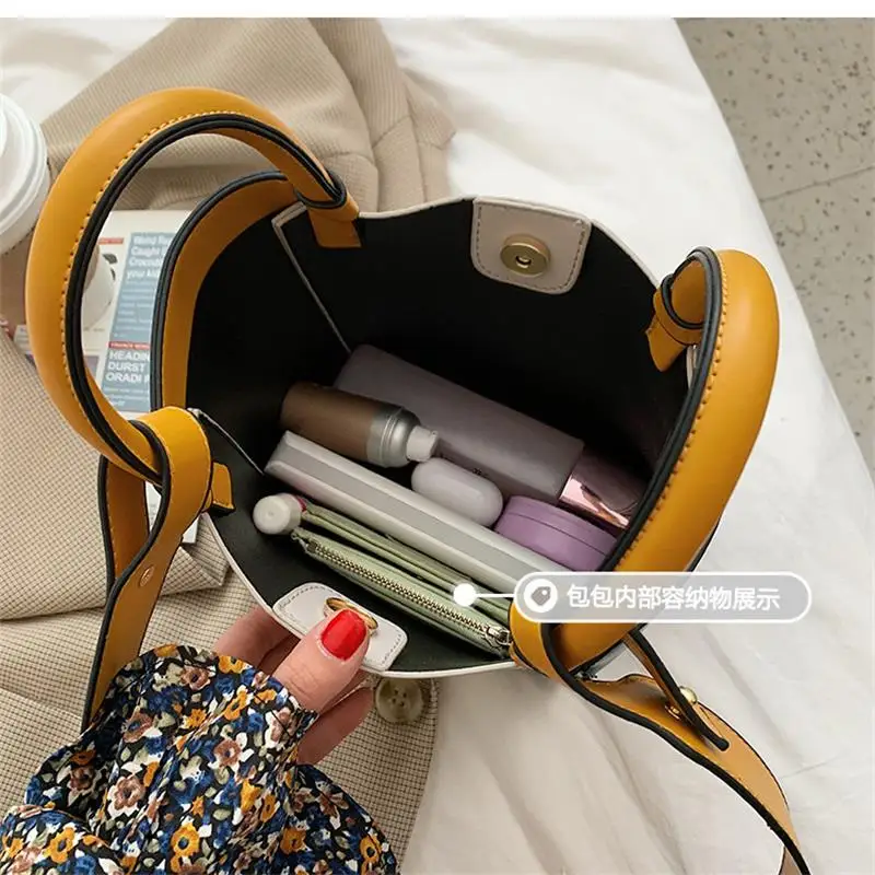 

Solid Color PU Leather Bucket Handbag For Women Crossbody Bags Brand Broad Strap Shoulder Bags Female Travel Totes Hand Bag Sac