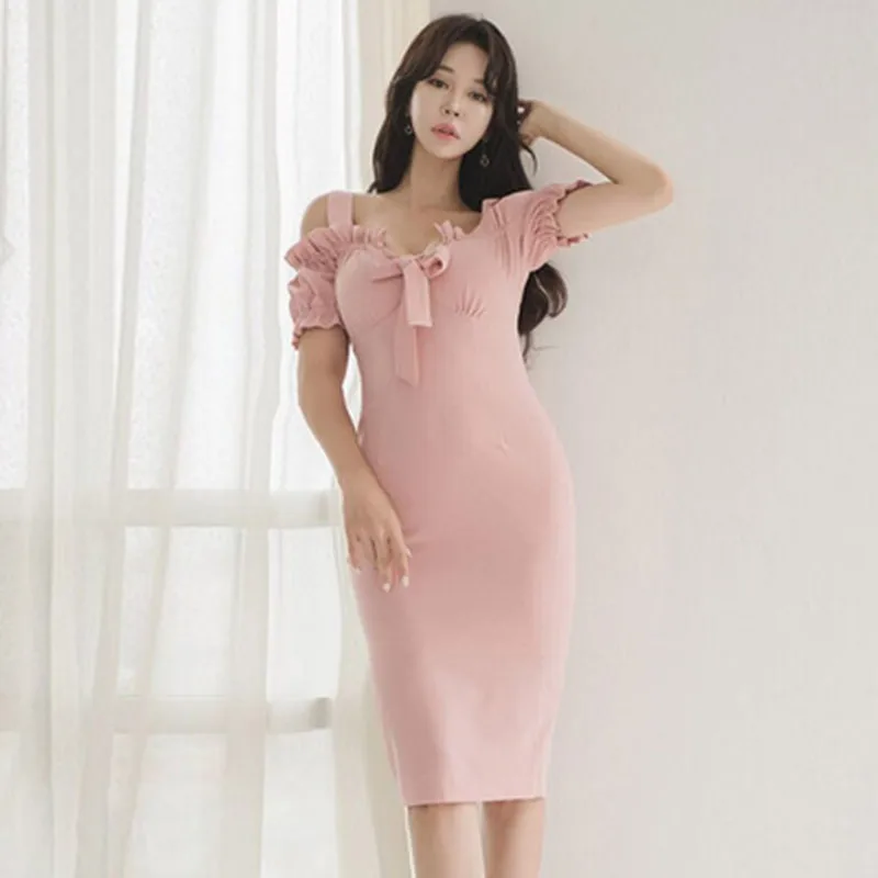 Женское платье-карандаш с рюшами однотонное облегающее платье-туника бантом в