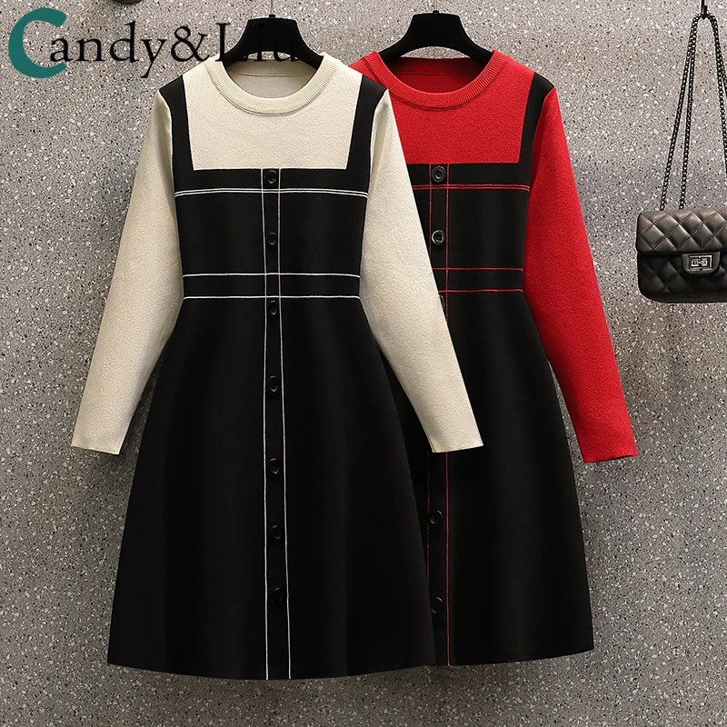 

Женская одежда больших размеров, Осень-зима 2020, новое трикотажное платье с имитацией двух свитеров в иностранном стиле