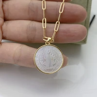 religious holy bible saint benedict necklace for woman 2021 natural mop pearl shell round medal pendant necklac girl jewelry