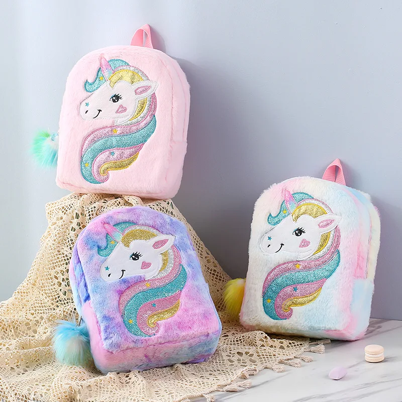 Mini Cartoon Unicorn Backpack Girl Children Plush School Double Shoulder Bags Rainbow Travel Snack Backbag