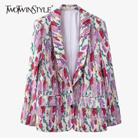 twotwinstyle vintage print floral blazer for women notched long sleeve casual pleated straight blazers female new spring fashion