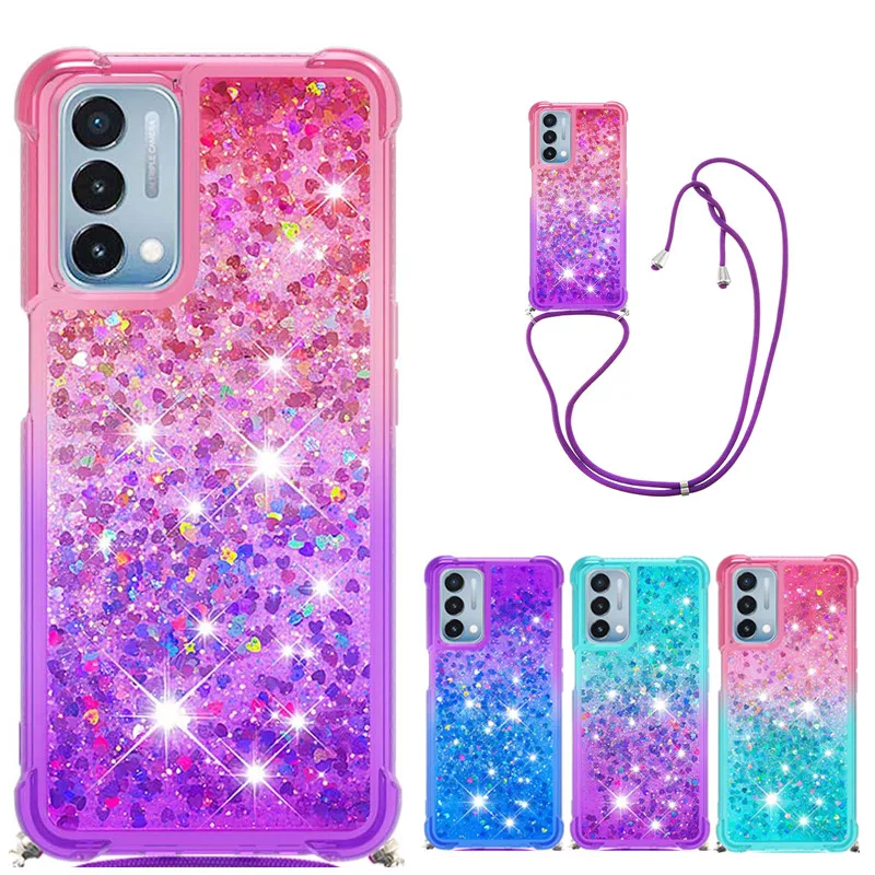 

Strap Lanyard Quicksand Phone Case For Oneplus Nord N200 5G Soft TPU Glitter Liquid Back Cover for One plus Nord N200 5G Funda