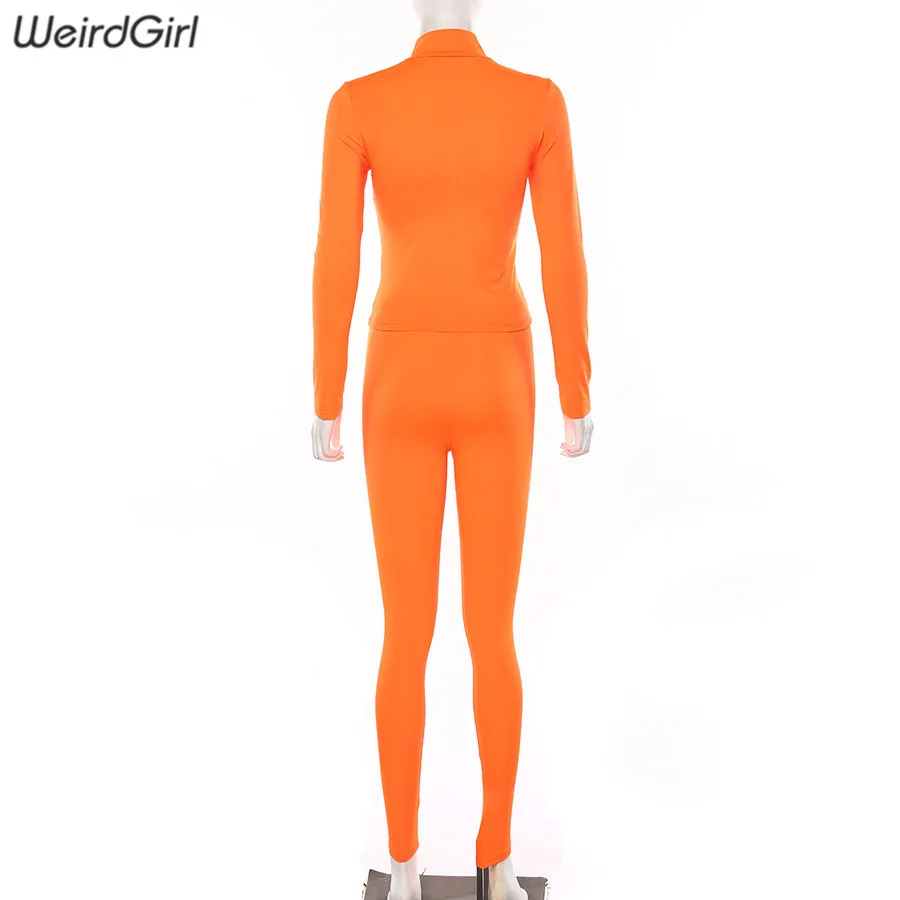 Weirdgirl/женские комплекты из двух предметов для фитнеса; толстовки на молнии с длинными рукавами; однотонный топ с высокой талией; эластичные леггинсы; Новинка осени