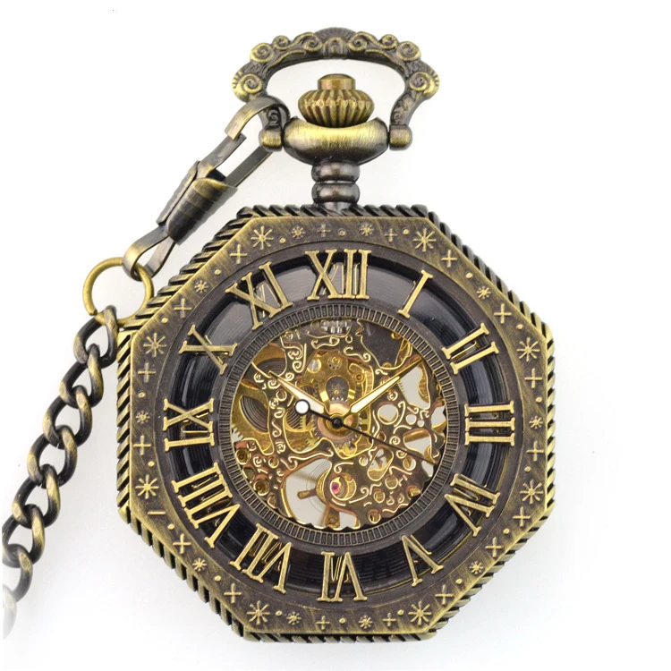 Карманные часы в стиле ретро стимпанк с шестигранным циферблатом и римскими