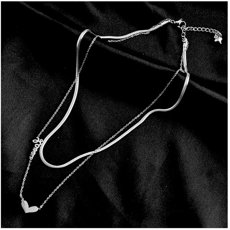 

Titanium Steel New Fashion Jewelry 2 Layer Heart Love Choker Snake Necklace Nice Gift for Women Girl