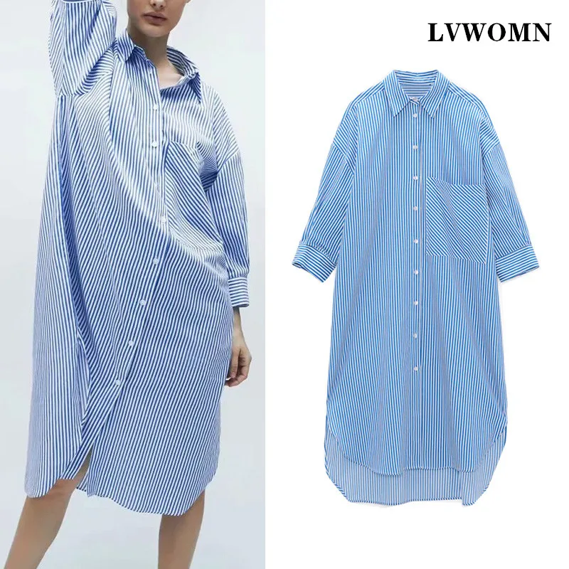

LVWOMN Za женские блузки весна 2021 синий в полоску со Размеры d Кнопка вверх карман рубашки с длинными рукавами размера плюс Размеры женская одеж...